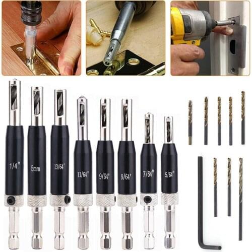 17pcs Self-Centering Hinge Twist Drill Bits Kit Door Drawer Puncher Hinge Screw Hole Saw Woodworking Reaming Cabinet Tapper Tool
