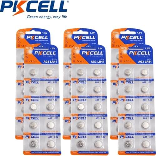 60Pcs/6card PKCELL AG3 1.5V 30mAh Button Batteries LR41 AG3 watch battery SR41W 392 192 192A LR736 for Watches Toy LED