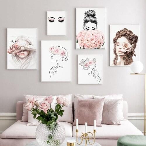 Abstract Flower Woman Face Line Pink Wall Art Canvas Painting Nordic Posters Prints Wall Pictures For Living Room Home Decor