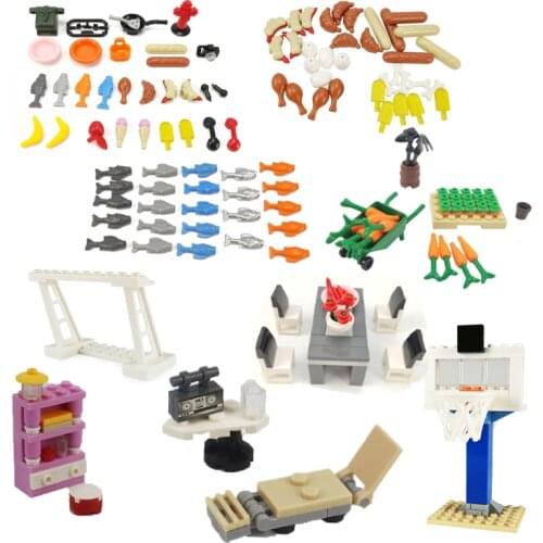 Locking City Small Fish Breaded Chicken Legs Bananas Supplies Dressing Table Radio Dining Table Building Blocks Educational Toys