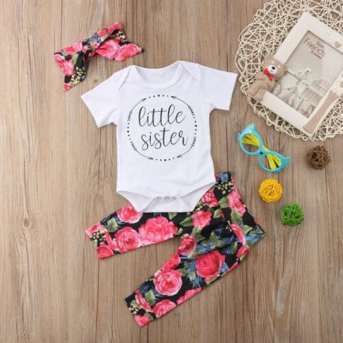 Newborn Baby Girls Clothes Letter Cotton Romper+ Flower Pants Leggings +headband Outfits Clothes Set 3pcs