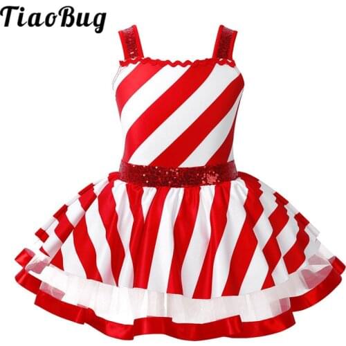 TiaoBug Kids Christmas Costume Sleeveless Shiny Sequins Striped Dancewear Child Girls Tutu Ballet Leotards Figure Skating Dress