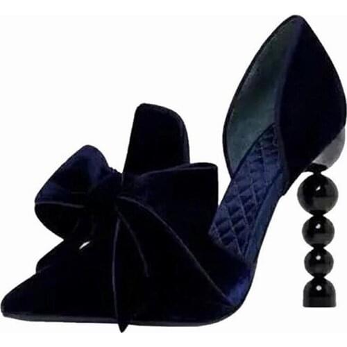 Designer Heel Women Pumps Pearl Decor 9CM High Heels Pointed Toe Bowknot Velvet Stiletto Prom Dress Shoes Woman