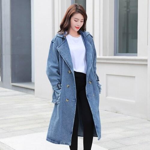 Long Denim Trench Coat Women Long Sleeve Solid Slim Jean Trench 2020 New Autumn Casual Single Breasted Blue Denim trench