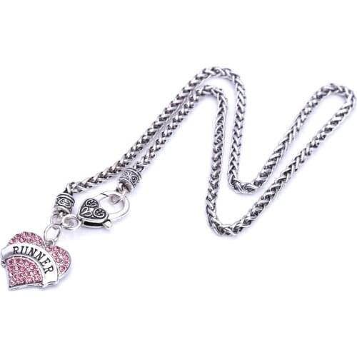 Drop Shipping New Arrival rhodium plated zinc studded with sparkling crystals RUNNER heart pendant wheat chain necklace
