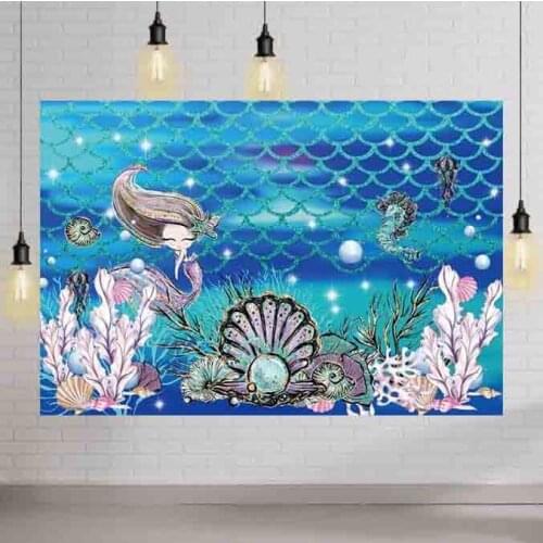 Underwater Blue Sea Little Princess Photography Background Mussel Pearls Decoration Girl Birthday Family Party Backdrops Poster