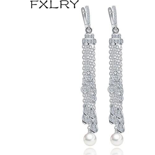 FXLRY Elegant Design Top Quality Micro Inlay AAA Zircon Pearl Long Tassel earrings Fashion Women Luxury Wedding JEWELRY
