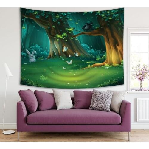 Tapestry with Forest Trees Falling Leaves Rabbit Butterflies and Crow in Glasses Night Wild Nature Cartoon Green Brown