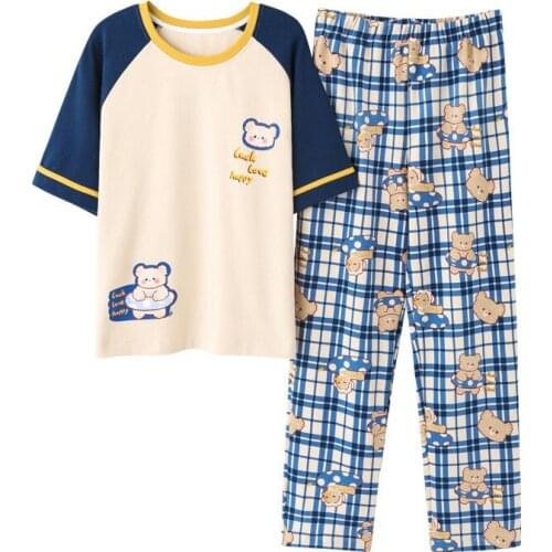 Two Pieces Cartoon O-Neck Cotton Nightwear Suit Casual Short Sleeve Trousers Sleepwear Cute Women Summer Pajamas Set Plus Size