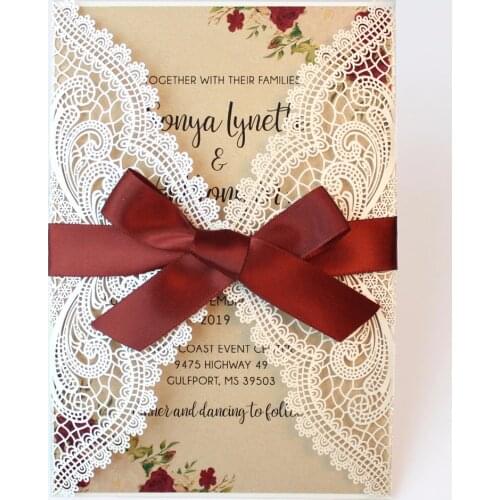 Laser Cut Wedding Invitations Pearl Paper Invitations White Lace Wedding Invitation With Burgundy Ribbon Bow - Set of 50 pcs