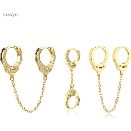 LOZOYA 925 Sterling Silver 8.5mm Double Sided CZ Crystal Hands Chain Hoops Huggies Cuff Clickers Medium Loop Earring Jewelry