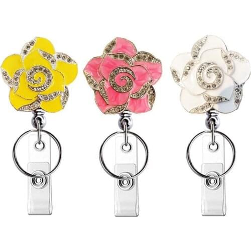 Fashion Beautiful Rose Flowers Retractable Badge Reel Nurse Doctor Student Exhibition ID Card Clips Badge Holder Stationery