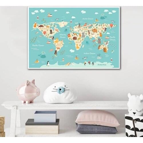 Cartoon Animal Ocean World Map Child Poster Canvas Printing Baby Enlightenment Cuadros Wall Art Picture Kids Room Bedroom Decor