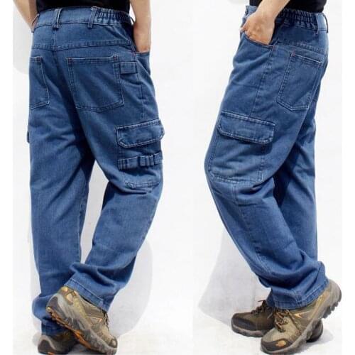 Man Jeans Men Pants Blue straight Cotton Male Loose Denim Jeans More pocket overalls High quality