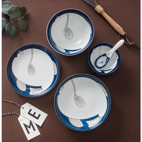 Ser of 5pcs Dinnerware Set Fish Design Ceramic Dinner Plate Rice Bowl Soup Bowl Spoon (2 dinner dishes + 2 bowls + 1 spoon)