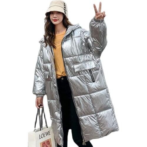 2021 New Winter Parker Coat Womens Down Cotton Jacket Korean Women Mid-Length Hooded Coats Parkas Female Silver Black Outerwear