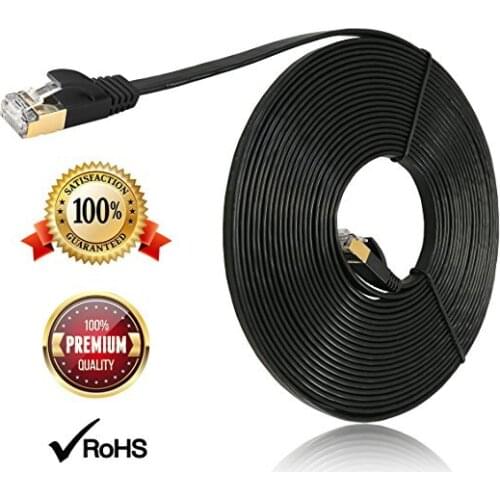 10m 30ft Cat7 Ethernet Flat Patch Network Cable, Shielded (STP) with Snagless Rj45 Connectors