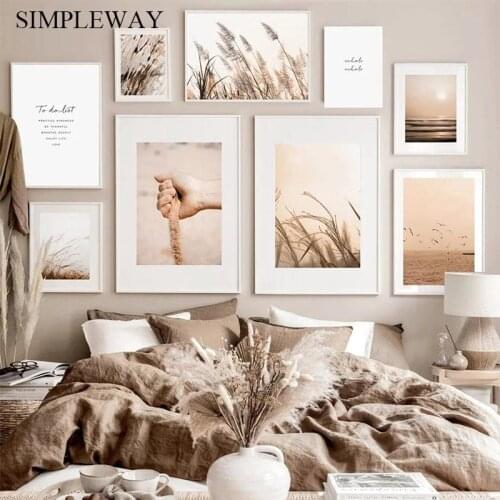 Nature Landscape Canvas Art Print Sunrise Poster Sand Hand Reeds Grass Painting Nordic Abstract Wall Picture Modern Home Decor