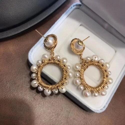 Hot sell fashion retro style big loop pure handmade earring party, natural white real pearl princess jewelrywedding gift