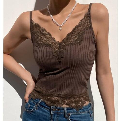 Goth Aesthetic Lace Patchwork Tank Tops For Women Sexy V-Neck Brown Retro Crop Tops Summer Fashion Casual Camisole