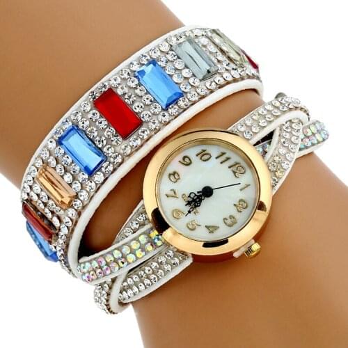Gnova Platinum Luxury Colorful Rivets Crystal Gold Wrist Watch Women Leather Bracelet Casual Vintage Quartz