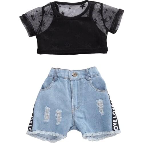 0-5Y Fashion Infant Baby Girls 3pcs Clothes Sets Black Vest+Net Short Sleeve Tops+Blue Denim Shorts