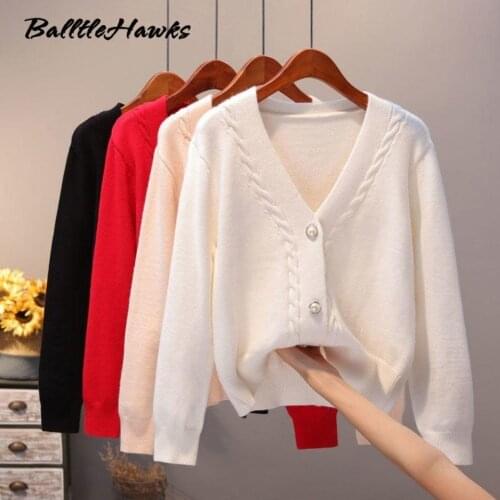 Sweater Cardigan Women Autumn Winter New V Neck Pearl Single Breasted Loose Short Thicken Sweater Sweet Long Sleeve Knitting Top