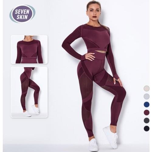 SEVEN SKIN Women Yoga Sets Workout Sportswear Seamless Hollow Out Leggings Long Sleeve Crop Top Gym Clothing Fitness Sports Suit