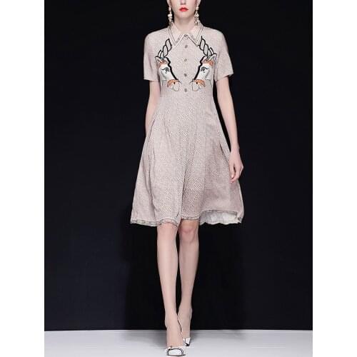 New European and American womens blended lapel single-breasted short-sleeved waist pleated mid-length printed dress dresses