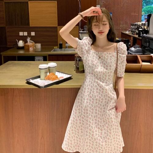 Casual Summer French Retro Dresses Women Floral Print Square Collar Dresses Puff Sleeve Loose Vitange Mini Dress Vestidos
