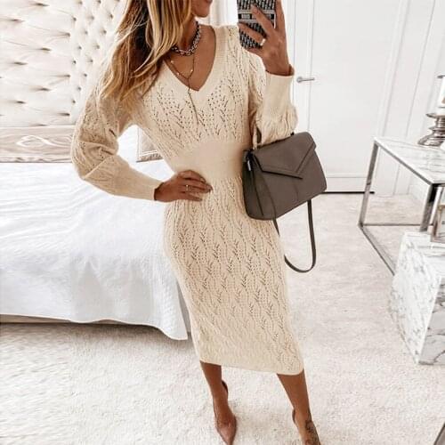 Autumn Winter Hollow Out Knit Sweater Dresses Women Casual Long Sleeve Slim Fit Bodycon Dress Lady Sexy V Neck Solid Party Dress