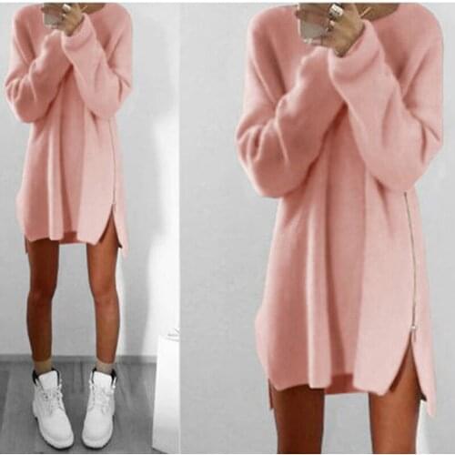 Women Long Sleeve Autumn Winter Knitted Zippers Side Jumper Sweater Dress Loose Tunic Baggy Dresses Woman Clothing