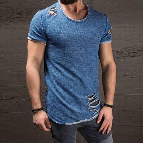 2021 Summer Men Casual Tees For Men Solid Color Pullover Tops Hipster Ripped T-shirt Short Sleeve O-Neck Slim Fashion Streetwear