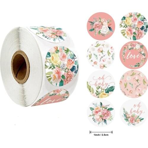 500 Pcs Pink Flower Stickers Rolls for Love Oh Baby Cute Stickers Labels for Wedding Party Scrapbooking Envelopes Seal Stickers