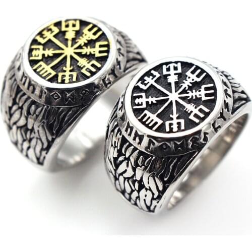 AsJerlya 316L Stainless Steel Viking Ring Custom Rune Beads Signet Wolf Scandinavian Odin Symbol Fashion Men Jewelry