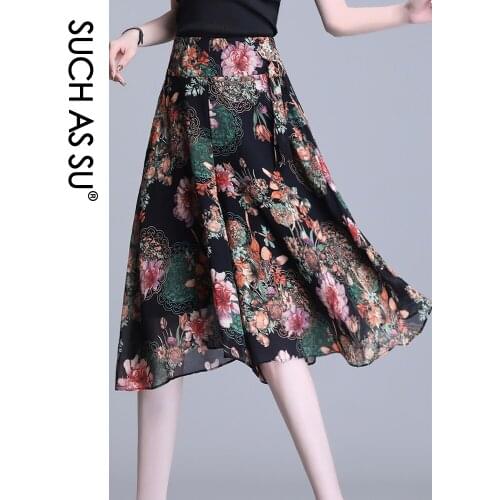 SUCH AS SU New Summer Wide Leg Pants Chiffon Women Black Red Print Flower S-XXXL Elastic High Waist Culottes Lady Pants Female