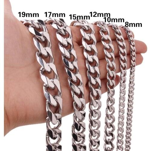 Tiasri 5/8/10mm Mens Stainless Steel Cuban Link Chain Necklace Silver Color Chain Fashion Long Necklaces for Men Punk Style