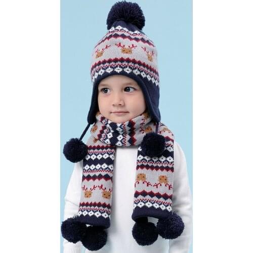 Kids Deer Head Hat Ear Protection Baby Velvet Ear Caps Knitted Hats Baby Knitted Cap Ear Protection Childrens Pompom Hat B-9494