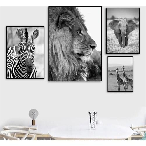 African Animals Canvas Prints Lion Elephant Painting Black And White Poster Zebra Giraffe Nordic Wall Art Pictures Home Decor