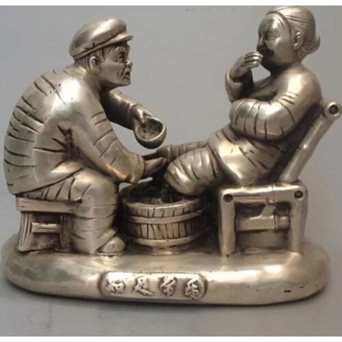 Collectible archaize white copper Happiness an old couple statue