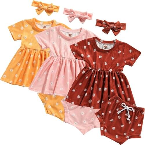 Wallarenear 3 Pieces Kids Suit Set Toddler Daisy Print O-Neck Short Sleeve Dress+ Shorts+ Headband for Girls 0-24 Months