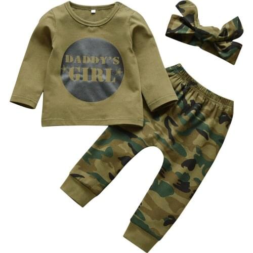 Infant Baby Girls Camouflage Clothing Sets With Headband Letter Printed Top Legging Pants Outfits Baby 3pcs Toddler Clothes Set