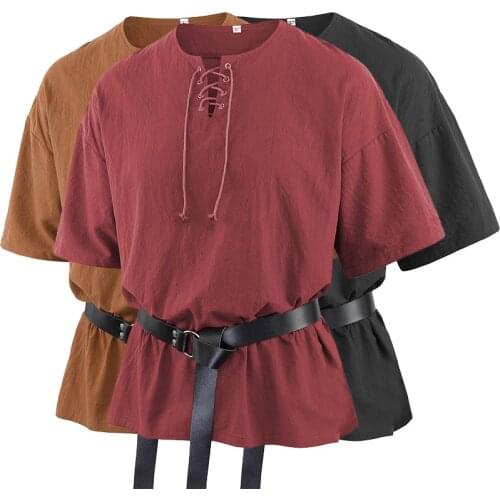 Men Retro Medieval Gothic Bandage Short Sleeve Tops Shirt Halloween Carnival Cosplay Pirate Knight Stage Performance Clothing