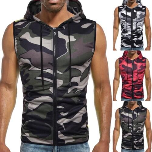 Male Camo Zipper Hood Outdoor Casual Sport Sleeveless Camouflage Print Fitness Vest Tops