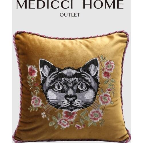 Medicci Home Retro Cushion Cover Mustard Yellow Velvet Flowers Animal Angry Cat Embroidery Throw Pillow Case For Bedroom Decor
