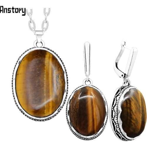 Oval Tigers Eye Stone Jewelry Set Vintage Flower Pendent Necklace Earrings Set For Women Fashion Party Gift