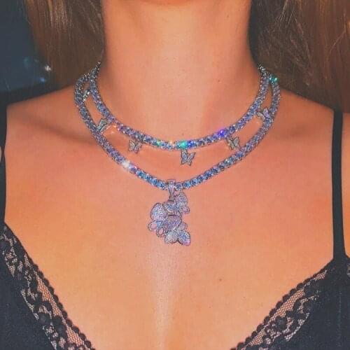 Shining Crystal Butterfly Pendant Necklace for Women Trendy Tennis Chain Choker Necklace Party Jewelry Gifts