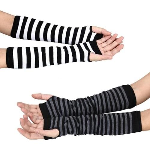 Autumn Winter Women Girl Anime Black White Striped Elbow Gloves Warmer Knitted Long Fingerless Arm Gloves Mittens Christmas Gift