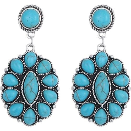 Popular Silver Plated Oval Shape Green Turquoises Stone Stud Earrings for Party Gift Jewelry