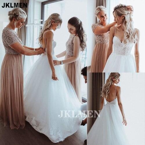Boho Wedding Dresses 2021 Backless Lace Appliques Pearls Spaghetti Straps A-Line Beach Bridal Gowns Robe De Mariee Cheap